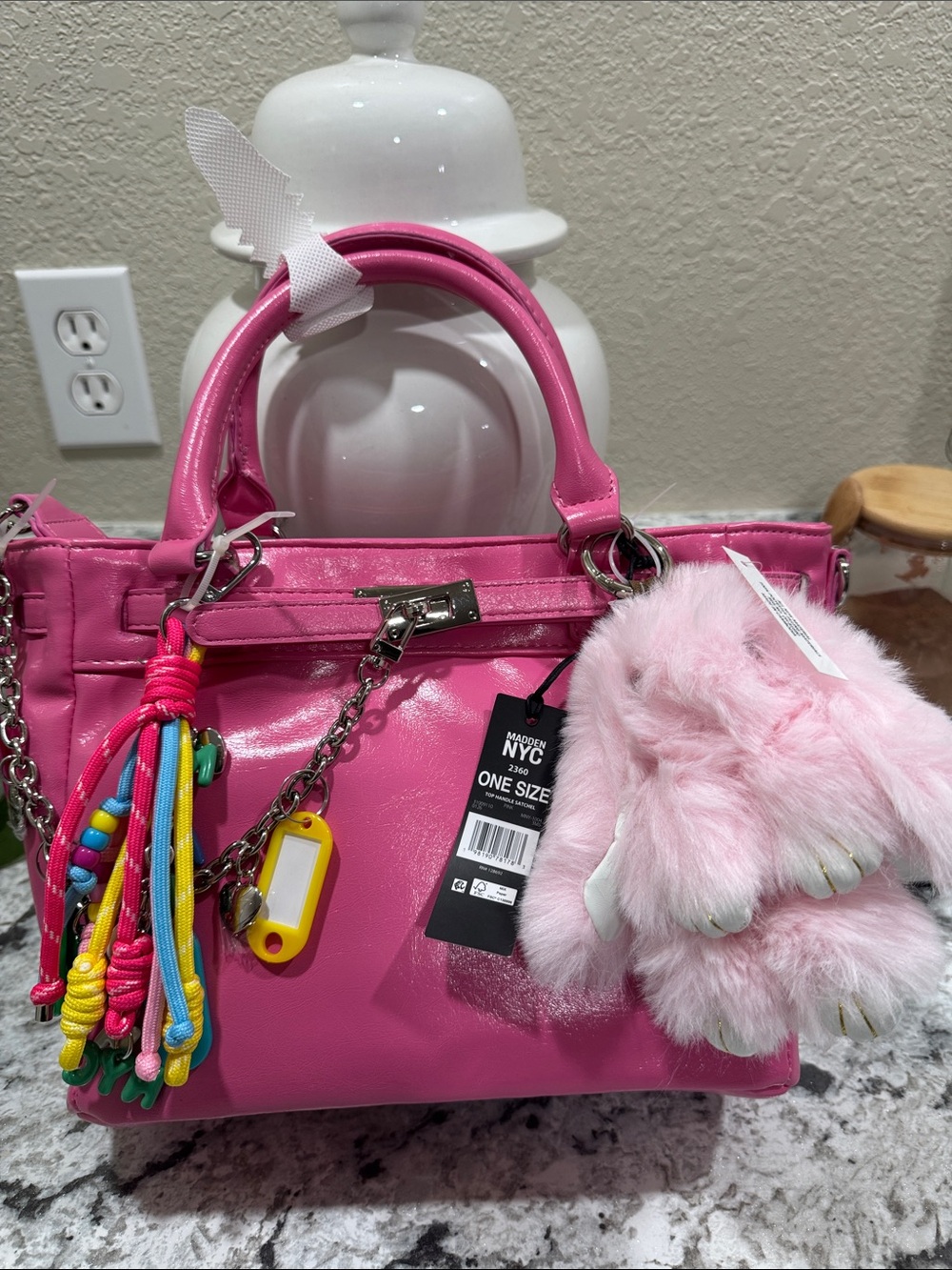 Kids Bright Pink Faux-Leather Handbag with Playful Pom Pom Charm
